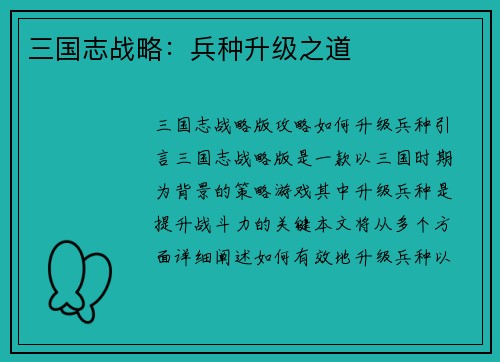 三国志战略：兵种升级之道